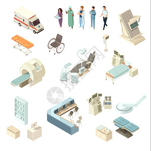 等距医院图标等距医院图标同的医疗设备,医生护士隔离白色背景矢量插图图片