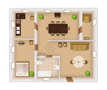 平房间内部与家具设备顶部视图矢量插图内部顶部视图图片