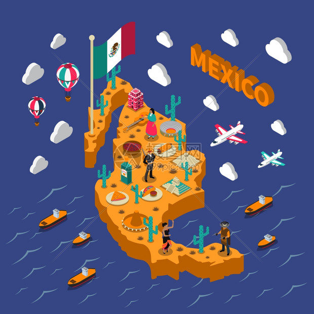 墨西哥旅游景点符号等距墨西哥游客旅行者的景点等距海报与食品仙人掌松边帽矢量插图图片