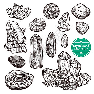 水晶石头手绘单色图标集水晶石岩石与白色背景矢量插图背景图片