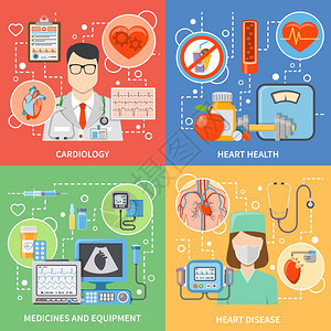 心内科平2x2图标彩色心内科平2x2图标心脏病专家的药物设备,为心脏健康治疗矢量插图图片