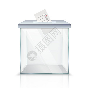带标记选票的投票箱现实的空透明投票箱,白色背景孤立矢量插图上的孔中标记的选票图片