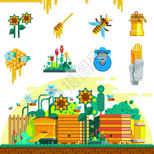 日记图标蜂房图标与蜜蜂蜂房蜂房蜂箱桶花园平风格矢量插图图片