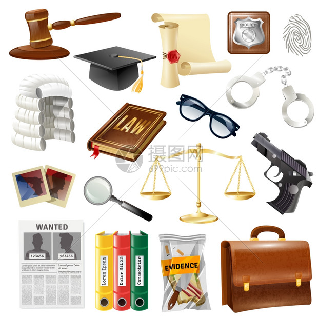 法律正义象符号收藏法律司法反符号收集与律师公文包犯罪证据平衡矢量插图图片