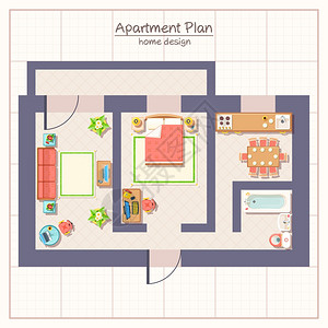 建筑平图插图建筑公寓平图顶部视图与家具平矢量插图图片