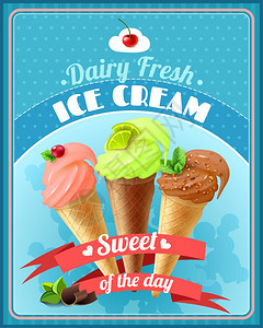 冰淇淋海报冰淇淋海报与樱桃开心果巧克力锥广告新鲜乳制品矢量插图图片