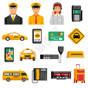 出租车服务图标出租车服务图标与设备工具,以操作出租车人员服务矢量插图图片