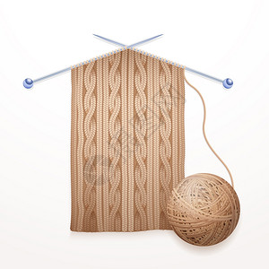 围巾编工艺平象形图插图两个单的尖针与现代电缆围巾编米色纱球成抽象平矢量插图背景图片