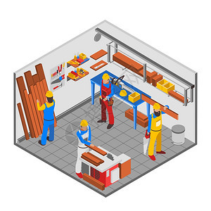 木制品人的木工等距与设备工具房间矢量插图背景图片
