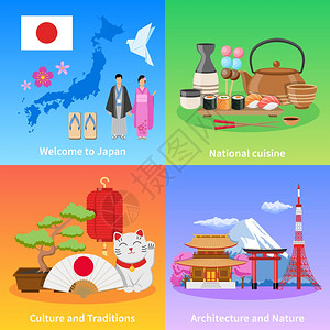 日本文化4平图标广场日本文化传统地标美食为旅行者4平图标成海报孤立矢量插图图片