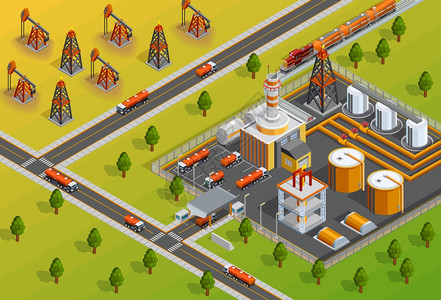 石油工业炼油厂设施等距海报石油工业炼油厂设施,用于处理汽油柴油中的原油等距海报矢量图背景图片