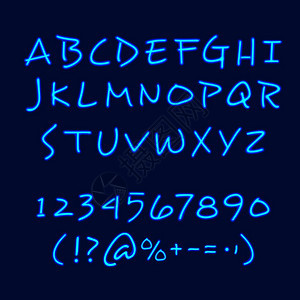 手工刻字霓虹灯风格黑板海报书法字母风格的例子黑板海报与霓虹灯手绘字母数字符号矢量插图图片