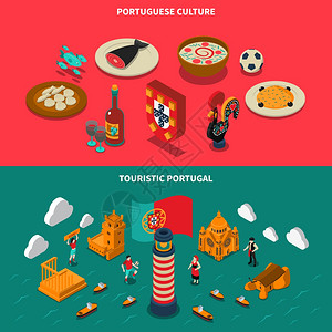 葡萄牙旅游葡萄牙等距横幅葡萄牙等距水平横幅与建筑文化符号矢量插图插画