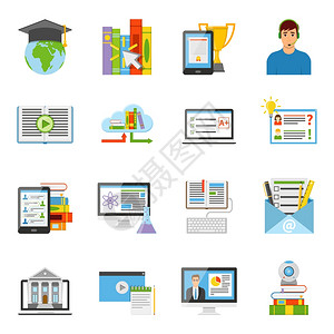 线教育平图标线教育电子学IT电子技术平图标收集与国际公认的文凭孤立矢量插图背景图片