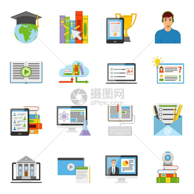 线教育平图标线教育电子学IT电子技术平图标收集与国际公认的文凭孤立矢量插图图片