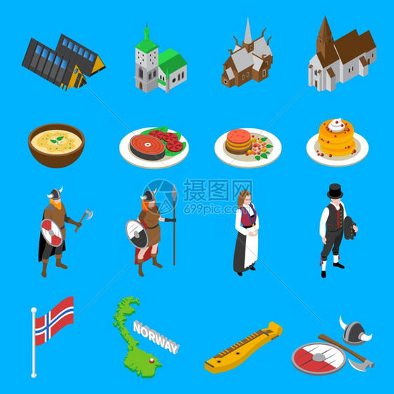 挪威旅游景点等距图标收集挪威游客景点带文化符号食品等距图标,抽象矢量孤立插图图片