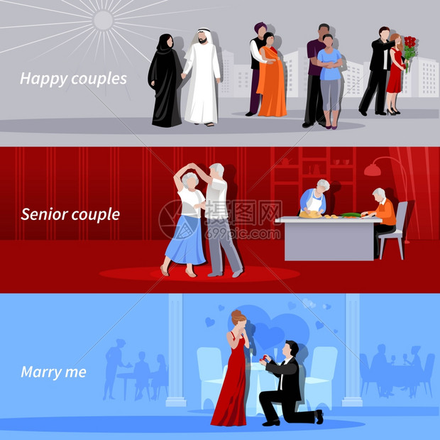 情侣平旗水平幸福夫妇同龄民族的人室内外平孤立横幅矢量插图图片