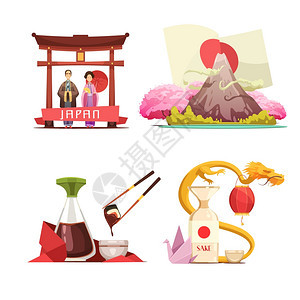 日本文化4复古合套装日本文化传统为旅行者4复古卡通广场构图与寿司清酒孤立矢量插图图片