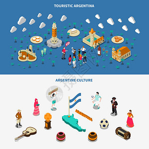 阿根廷2等距旅游景点横幅阿根廷文化旅游景点2等距横幅历史方尖碑纪念碑孤立矢量插图图片