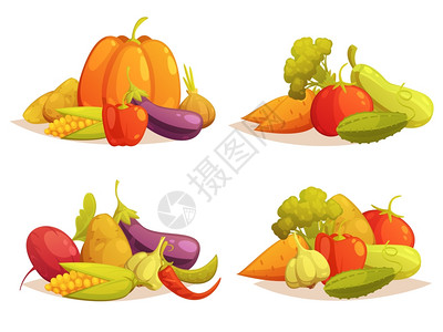 蔬菜成4个图标方形经典农贸市场蔬菜合4复古风格图标南瓜黄瓜孤立矢量插图图片