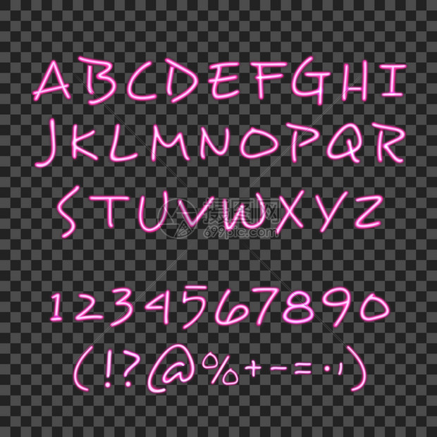 手工刻字霓虹灯透明背景海报书法字体风格海报与粉红色霓虹灯手绘字母密码符号与透明背景矢量插图图片