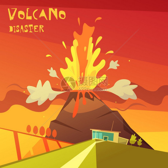 火山灾难插图彩色卡通插图火山灾难描绘熔岩上升火山矢量插图图片