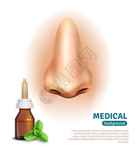 鼻喷雾瓶医疗背景海报医学广告海报与薄荷鼻喷雾,以减轻寒冷大鼻子的背景现实矢量插图图片