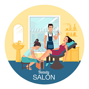 美容院水疗插图平圆形海报与轻妇女美容程序水疗沙龙矢量插图图片