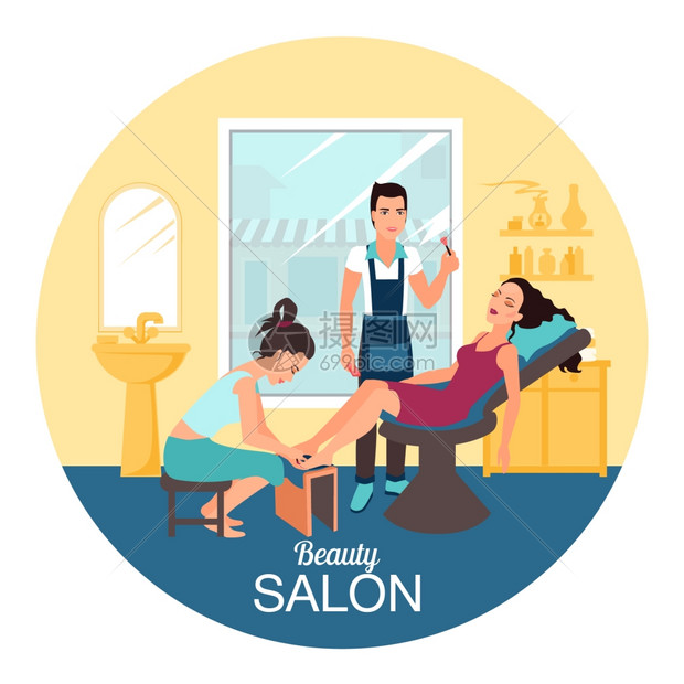 美容院水疗插图平圆形海报与轻妇女美容程序水疗沙龙矢量插图图片