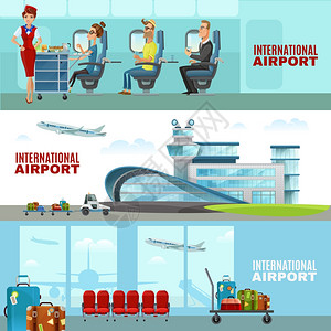 空中乘务员国际机场水平横幅国际机场水平横幅与候车室内部空姐乘客飞机机舱平矢量插图插画