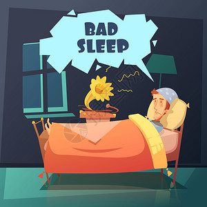 糟糕的睡眠插图彩色插图描绘了夜间床上的男人与夜帽附近的留声机与标题坏睡眠矢量插图图片