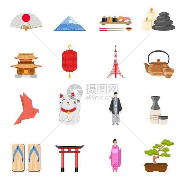 日本符号平图标日本文化传统民族符号平图标收集与茶道服孤立矢量插图图片