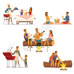 烧烤野餐复古卡通图标烧烤野餐户外周末与家人朋友5复古卡通构图图标孤立矢量插图图片