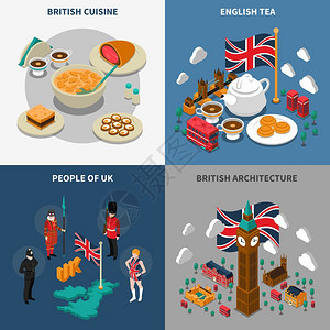大列颠旅游等距2x2图标大列颠旅游等距2x2图标与英国文化元素,建筑美食人矢量插图图片