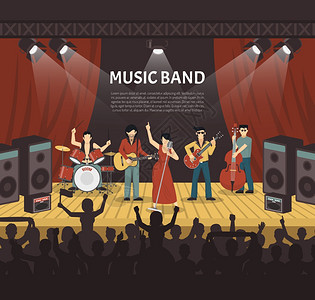 流行音乐乐队矢量插图流行音乐乐队平矢量插图与音乐家舞台上剪影的轻观众来音乐会背景图片