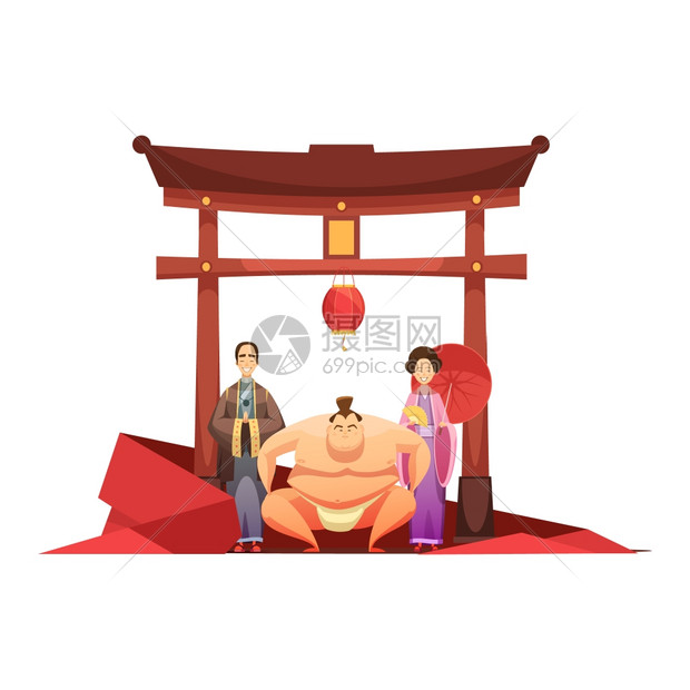 日本文化复古构图与宝塔日本文化复古构图与宝塔相扑摔跤手服打扮夫妇卡通海报矢量插图图片
