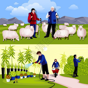 农民园丁2横平横幅套牛场羊招标装饰植物苗圃工人2平水平横幅隔离矢量插图背景图片