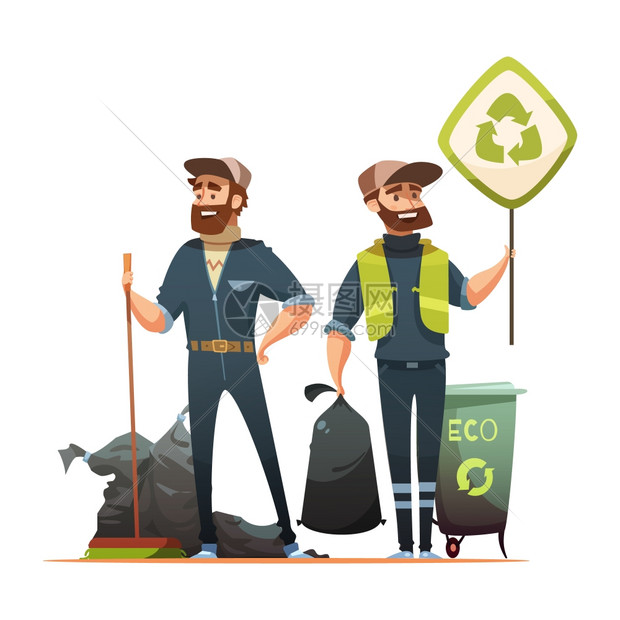 垃圾分类收集回收卡通插图生态负责的废物垃圾收集,以回收卡通海报与专业志愿者垃圾矢量插图图片