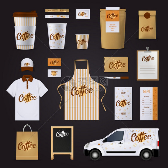 咖啡企业身份集平咖啡公司身份模板为咖啡厅与统的汽车眼镜菜单固定隔离黑色背景矢量插图图片