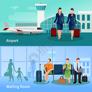 空中乘务员机场人平作文机场平构图,候机室的人空姐机场的机场航站楼背景矢量插图插画