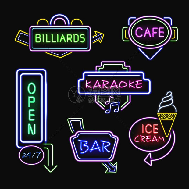 霓虹灯招牌现实的夜晚图标收集霓虹灯冰淇淋咖啡馆酒吧卡拉OK俱乐部招牌夜间写实图标收集矢量插图图片