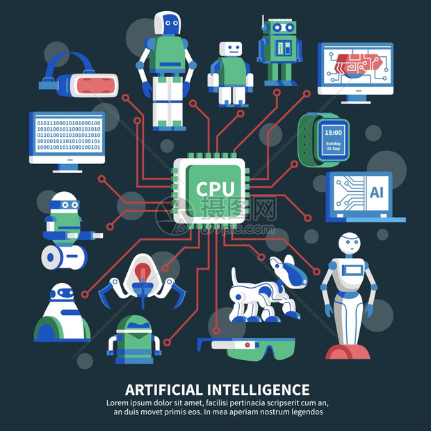 人工智能矢量插图人工智能矢量插图黑色背景与CPU芯片中心机器人图像周围图片