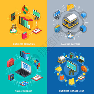 金融等距图标方形成商业管理分析线交易系统与金融银行符号标志4图标方形孤立矢量插图图片