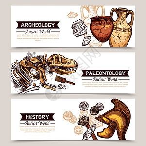 考古学水平素描彩色横幅考古学水平横幅与素描彩色图像古代陶器动物骨架描述考古学古生物学历史矢量插图图片