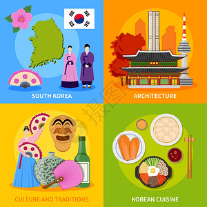 韩国文化4平图标广场韩国文化传统符号美食地标4平图标方形海报抽象矢量孤立插图图片