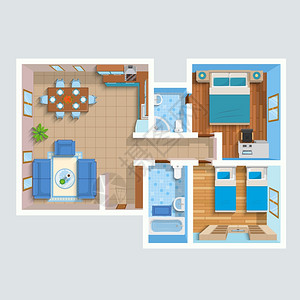 顶部视图平内部计划顶部视图平内部计划与休息室,两间卧室,浴室家具矢量插图图片
