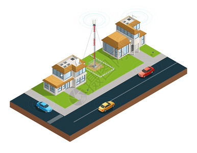 城市无线通信等距成由无线网络矢量图连接的房屋塔汽车中的设备成的镇街等距成背景图片