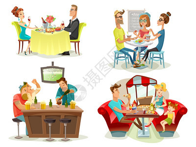 餐厅咖啡厅酒吧人4个图标餐厅咖啡厅酒吧4彩色图片广场与球迷家庭餐厅约会夫妇抽象矢量插图图片