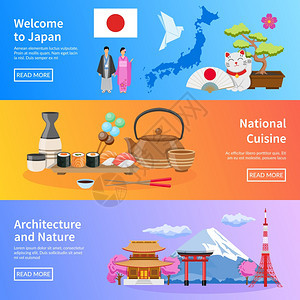 日本文化地标平横幅日本民族美食建筑传统自然为旅行者3平横幅网页矢量插图图片