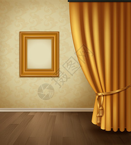 古典窗帘内部古典窗帘内部与框架墙木地板基座现实风格矢量插图图片
